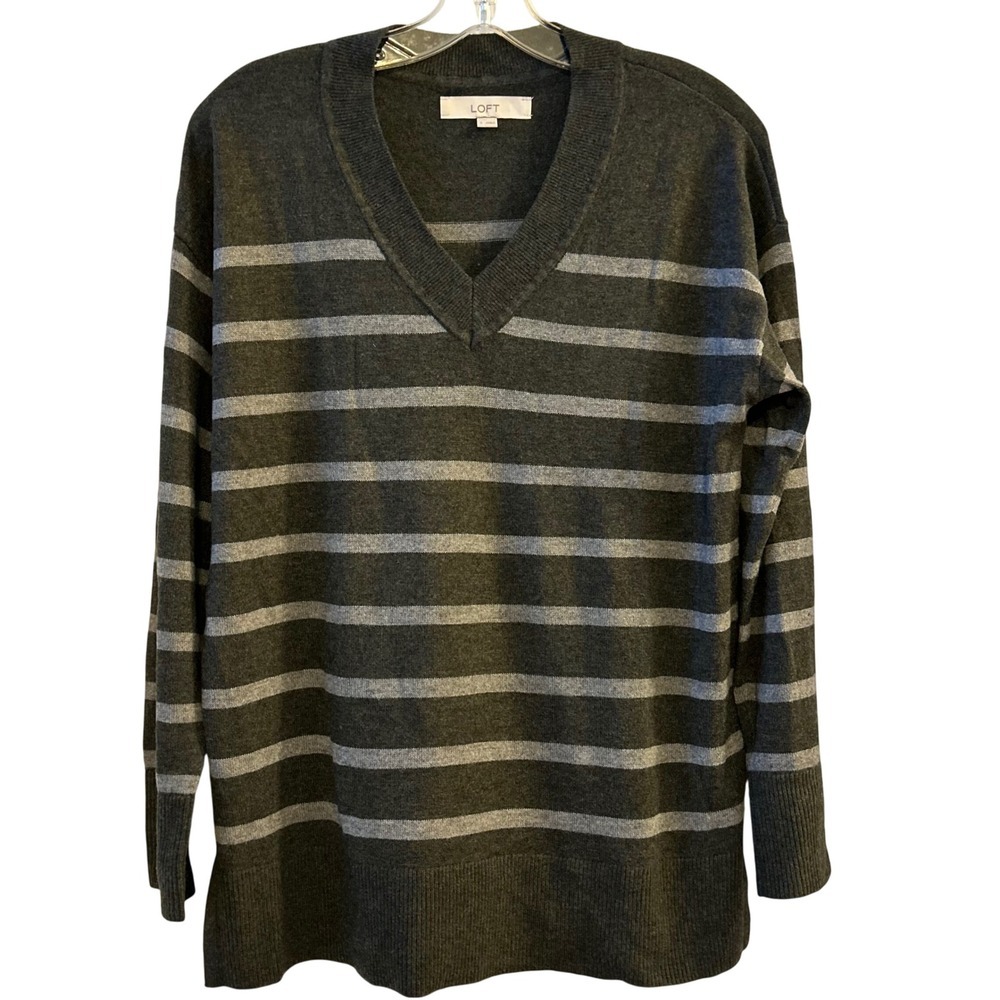 LOFT Striped V Neck Long Sleeve Sweater Women Size‎ S Charcoal Gray Light Gray